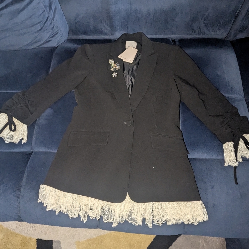 Cinq à Sept Black Blazer with Cream Fringe